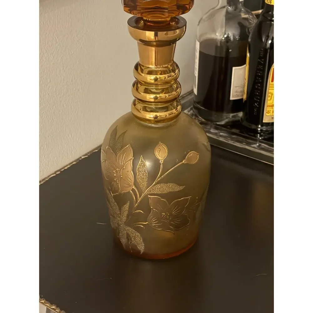 Vintage MOSER Large Decanter Art Nouveau tall stopper 19” Gold Floral 60s